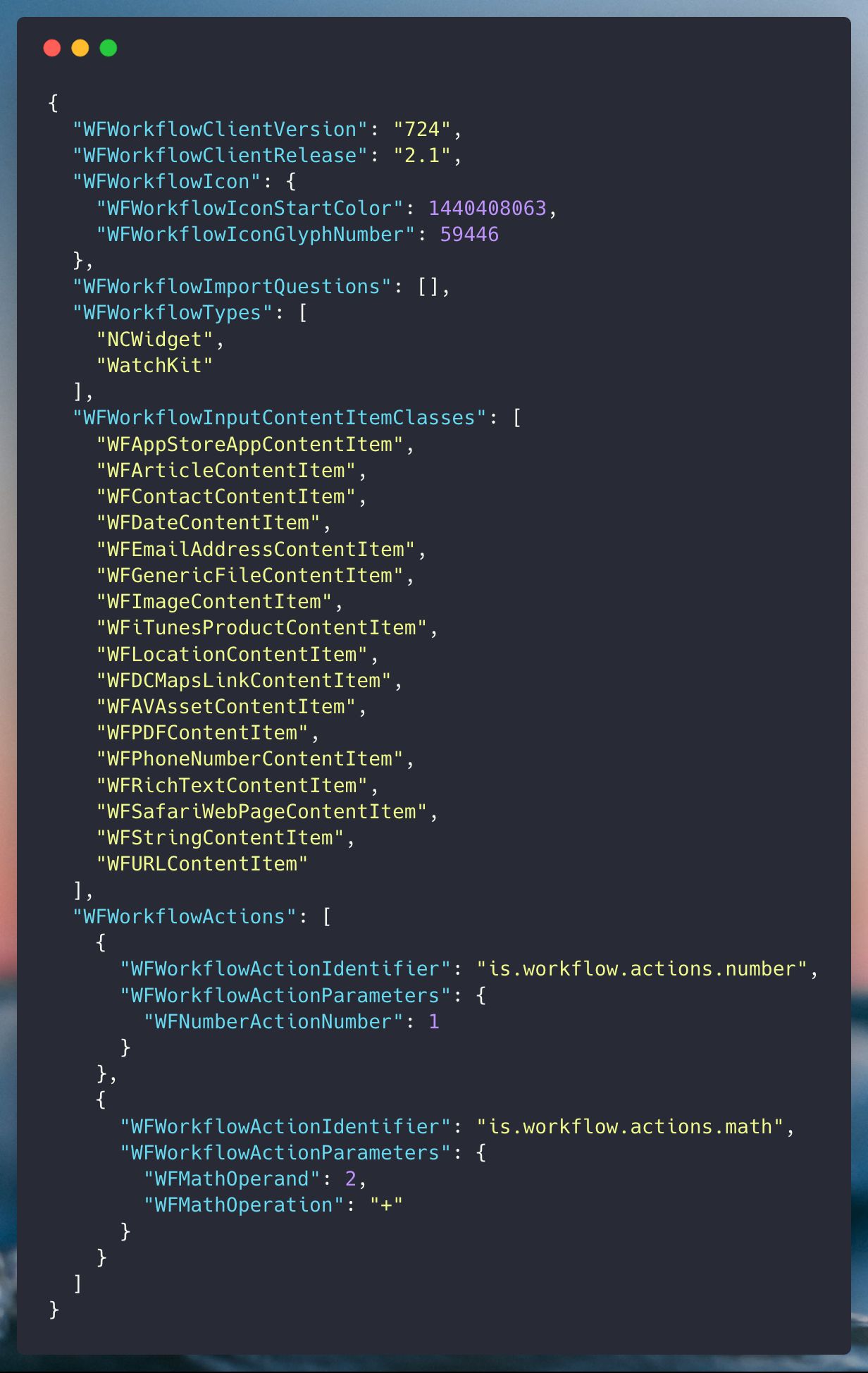 A shortcut to calculate 1 + 2, formatted as JSON