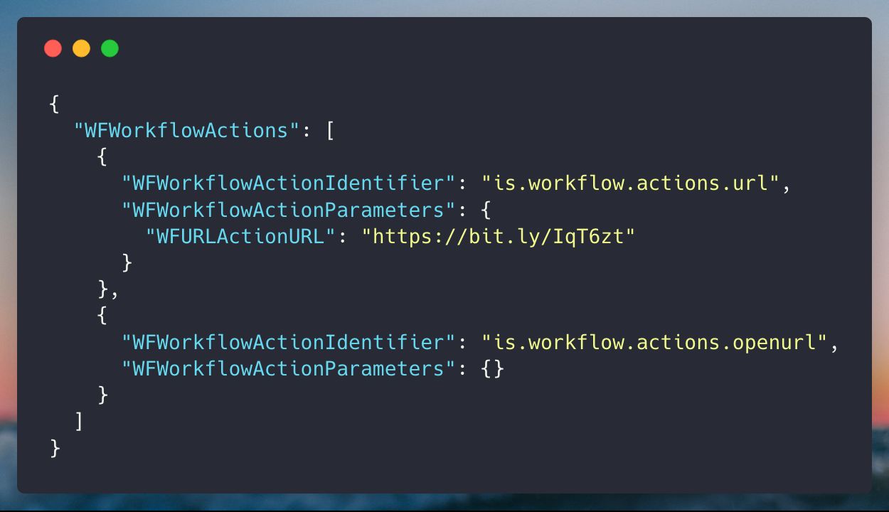 A Shortcut’s WFWorkflowActions array, formatted as JSON
